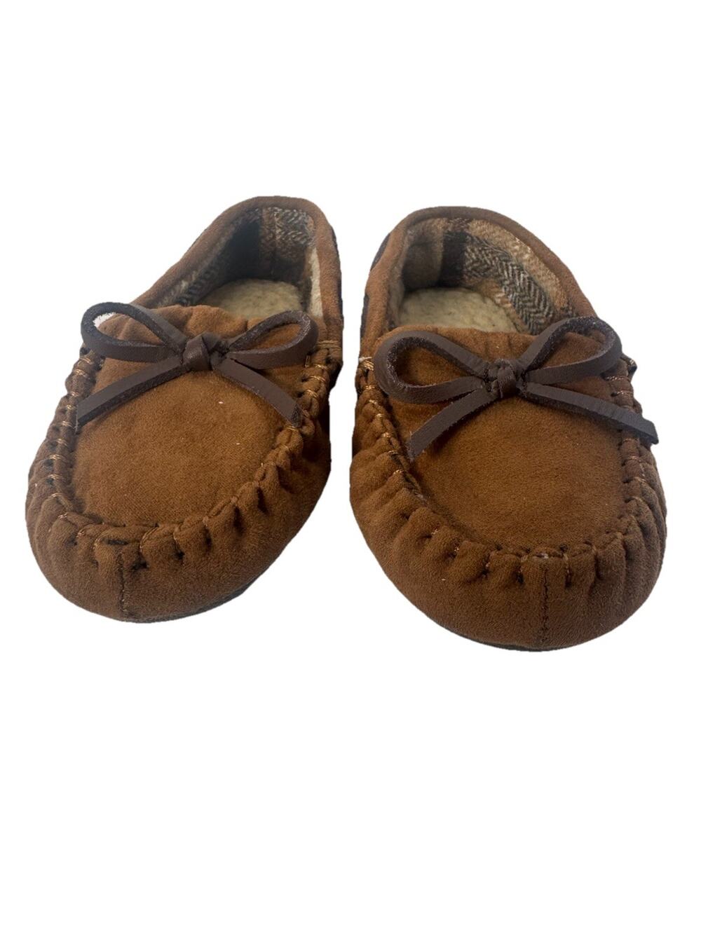 Cat & Jack Brown Moccasin Slippers Faux Fur Bow Unisex Kids Size 6